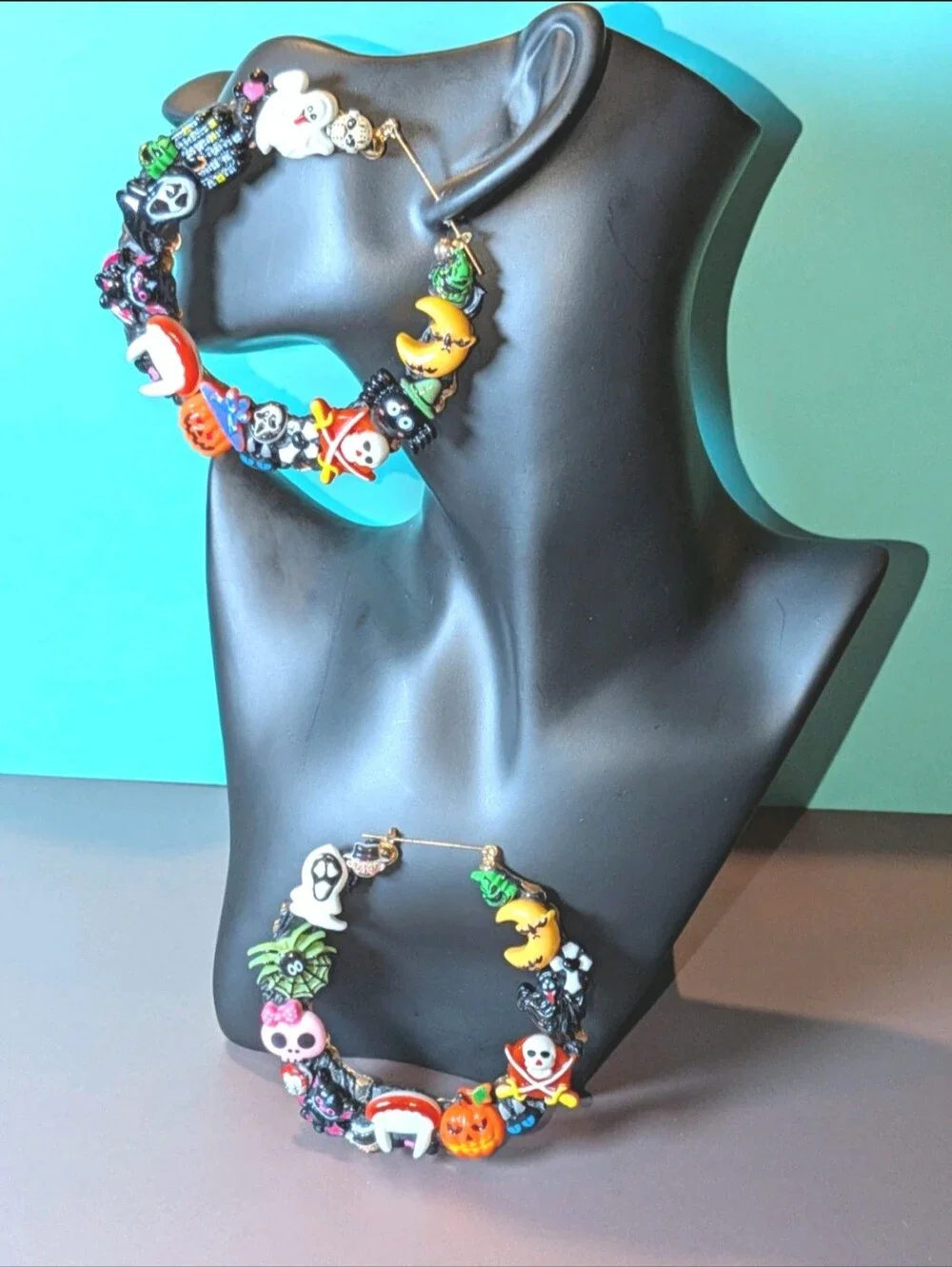Hand Crafted Multicolor Halloween Charm Decoden Xl Hoop Earrings For Women